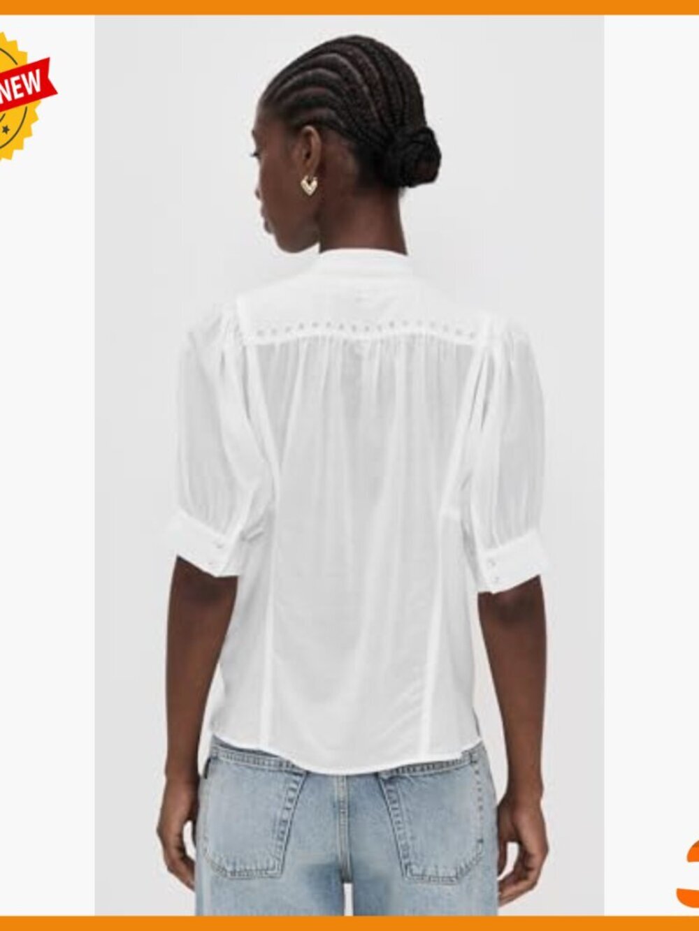 Embroidered Puff-Sleeve Band-Collar Shirt, Lightweight Voile Fabric - Picture 4 of 6